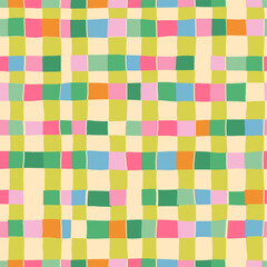 Abstract vector seamless pattern multicolored checkered pattern, distorted colorful chess pattern on a light background, hand drawn illustration, flat style. Bright striped wallpaper