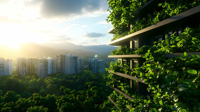 Sustainable Building Facade with Lush Greenery at Sunset Overlooking Urban Landscape