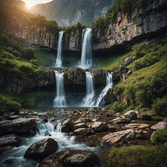 Obraz premium A hidden mountain valley with waterfalls cascading down rocky cliffs.