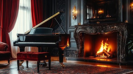 Lavish estate interior with a grand piano, velvet drapes, and a crackling fireplace, evoking classic luxury