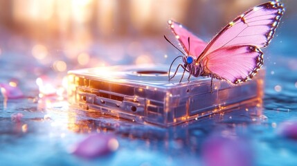 A Butterfly Perched on a Cassette Tape with a Dreamy Glow in the Background. Generative AI