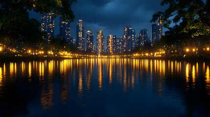 Fototapeta premium Night Cityscape Reflecting in Calm Lake Waters with Illuminated Buildings and Tranquil Urban Park Ambiance