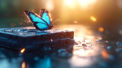 A Vibrant Butterfly Resting on a Vintage Cassette Tape in Water. Generative AI