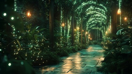 Enchanted garden pathway illuminated by glowing lights and lush greenery creating a magical atmosphere at night