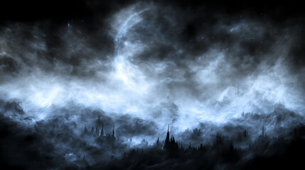 Obraz premium Ethereal Metropolis Beneath Celestial Nebulae and Misty Skies Fantasy World Imagination Art 90 Char