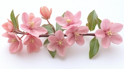 Delicate pink cherry blossom flowers with soft petals and green leaves on a white background. Generative AI