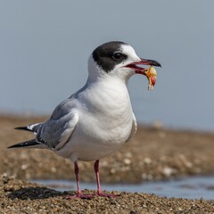 A little gull calling out with its beak open, positioned on a white background.