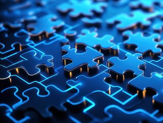 Close-up of interlocking blue puzzle pieces with glowing edges, showcasing intricate design and depth