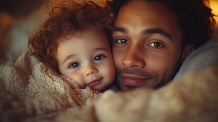 A father and his baby wrapped in a blanket smiling and sharing a moment of affection in a cozy setting. Generative AI
