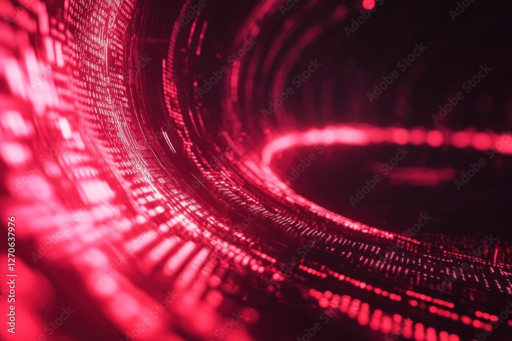Poster abstract visualization of glowing red data streams swirling in a futuristic digital environment