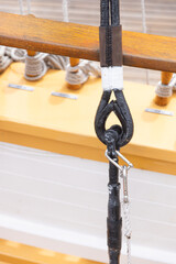 Close-up of vintage wooden sailing ship rigging - Shrouds and deadeye
