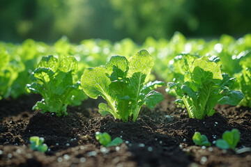 Obraz premium Lush vegetable garden with vibrant green plants growing under sunlight, showing healthy crops and rich soil, with a gardener caring for the plants.