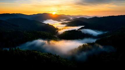 Fototapeta premium Panoramic View of Misty Valleys and Forested Hills at Sunrise with Golden Sky