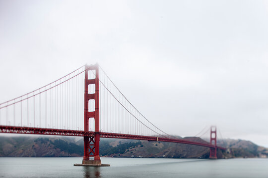 Golden Gate bridge on a foggy morning tilt-shift