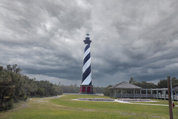 Cape Hatteras Lighthouse stands tall against a stormy sky