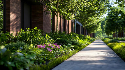 Peaceful Cobblestone Street View Lined with Brick Buildings Lush Green Trees and Colorful Floral Bushes in Sunny Day