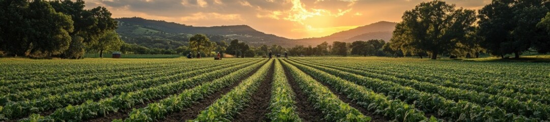 Scenic countryside field with workers harvesting crops at sunset. Generative AI