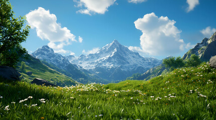 Obraz premium Picturesque Mountain Range with Snowy Peaks Under a partly Cloudy Blue Sky Over a Field of Greenery