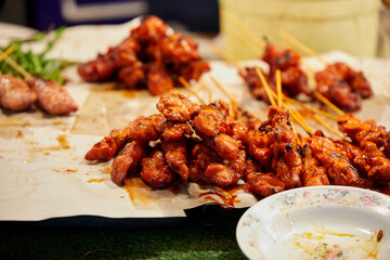 Grilled skewers chicken meat at nigh market