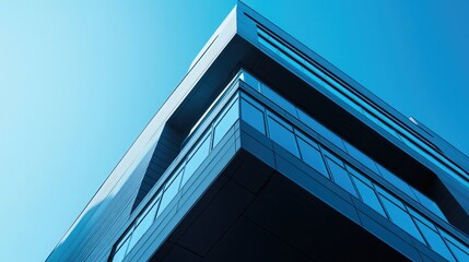 Modern architecture, a building's corner perspective, a blue tone, a glass curtain wall, geometric shapes