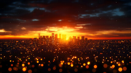 Urban Cityscape at Dusk with Glowing Lights and Orange Sky Silhouette