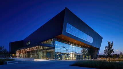 Fototapeta premium Modern architecture, a building's corner perspective, a blue tone, a glass curtain wall, geometric shapes