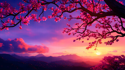 Obraz premium Pixel Art Landscape of Cherry Blossoms at Sunset with Mountains and Colorful Sky