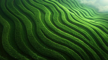 Fototapeta premium Lush Green Rolling Hills with Wavy Patterns Under Soft Cloudy Sky