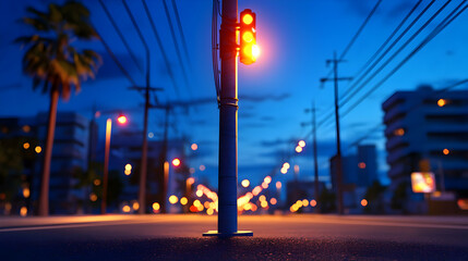 Urban Nightscape View of Traffic Light and Buildings at Twilight with Blue Sky and Palm Trees