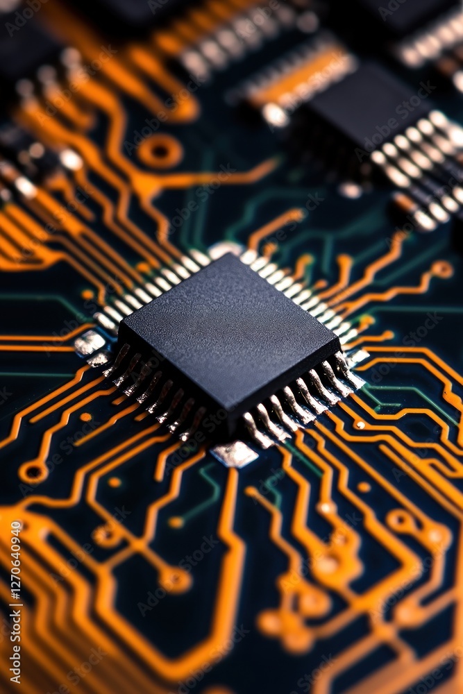 Poster close-up view of a microchip on a circuit board showcasing intricate circuitry and connections