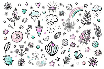 Cute hand drawn doodle elements collection on white background