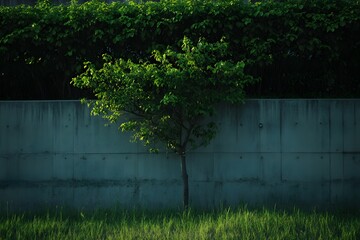Lone tree, concrete wall, green hedge, urban nature