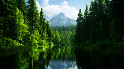 Verdant Forest and Mountain Reflection in Clear Lake Under Blue Sky