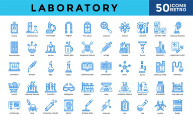 Laboratory icons set with nuclear, chemical tool, microscope, magnet, first aid kit, research, science, scientist, periodic table, chemical reaction icon. Simple retro vector 
