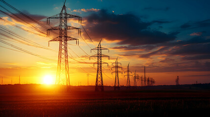 Power Transmission Towers Against a Vibrant Sunset Sky with Glowing Sun