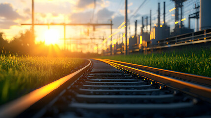 Fototapeta premium Railroad Tracks Leading to Industrial Area at Sunset with Golden Sky and Green Grass