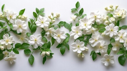 Elegant White Jasmine Flowers with Green Leaves on White Background. Generative AI
