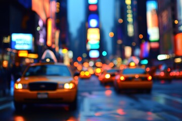 Yellow taxis in Times Square at night, blurred lights