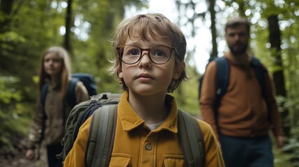 Fototapeta premium Myopia prevention with a family wearing glasses hiking in the forest. Hiking shoes, backpacks, trees