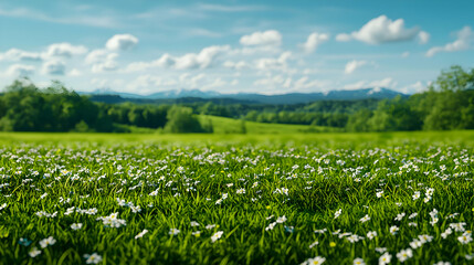 Vibrant Field of White Daisies in a Lush Green Meadow Under a Sunny Blue Sky