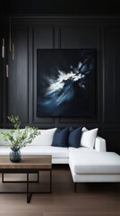 an elegant living room featuring a white sectional sofa, a wooden coffee table with a vase, a dark accent wall with a large abstract painting, and modern lighting.