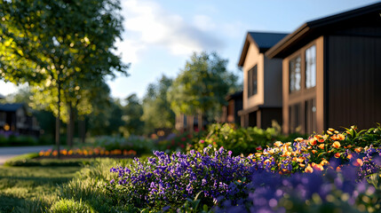 Residential Houses with Modern Design Amidst Green Landscaping and Blooming Flowers in Sunlight