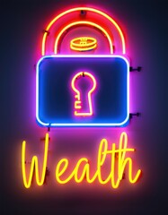 Neon sign with Unlock Wealth illuminated, featuring neon keys and glowing coins, bright and colorful, symbolizing financial freedom, opportunity, and success