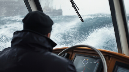 A skilled ship captain navigating rough seas with radar and GPS