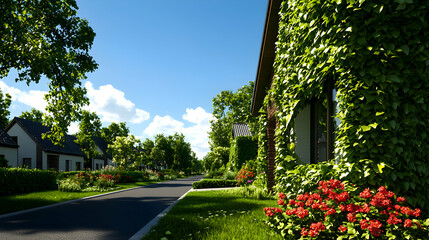 Fototapeta premium Residential Street with Houses Covered in Lush Green Ivy and Red Flowers Under a Bright Blue Sky