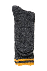 Top view of grey woolen winter socks on white background