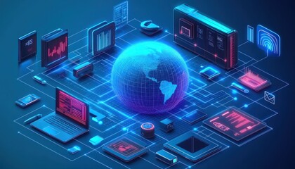 Global Network Isometric Illustration: Glowing Earth with Digital Devices