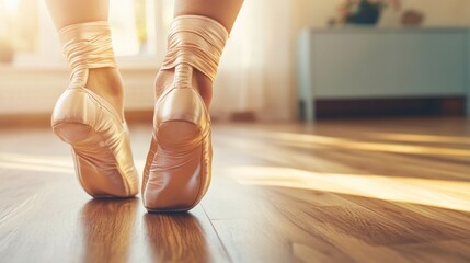 Elegant Ballet Dancer in Pointe Shoes on Wooden Floor at Sunrise