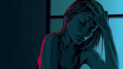 Cartoon Character of a Young Woman Awakening at Night