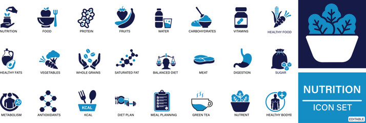 Nutrition icon set. food, vegetables, water, meal planning, fruits, dietary fiber, protein, vitamins You can easily change the color.